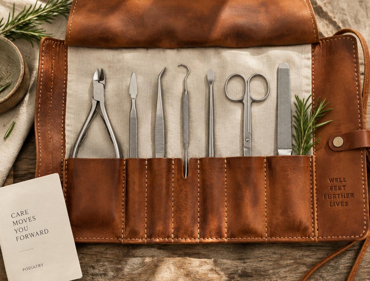Instrumental podológico esterilizado en estuche de cuero